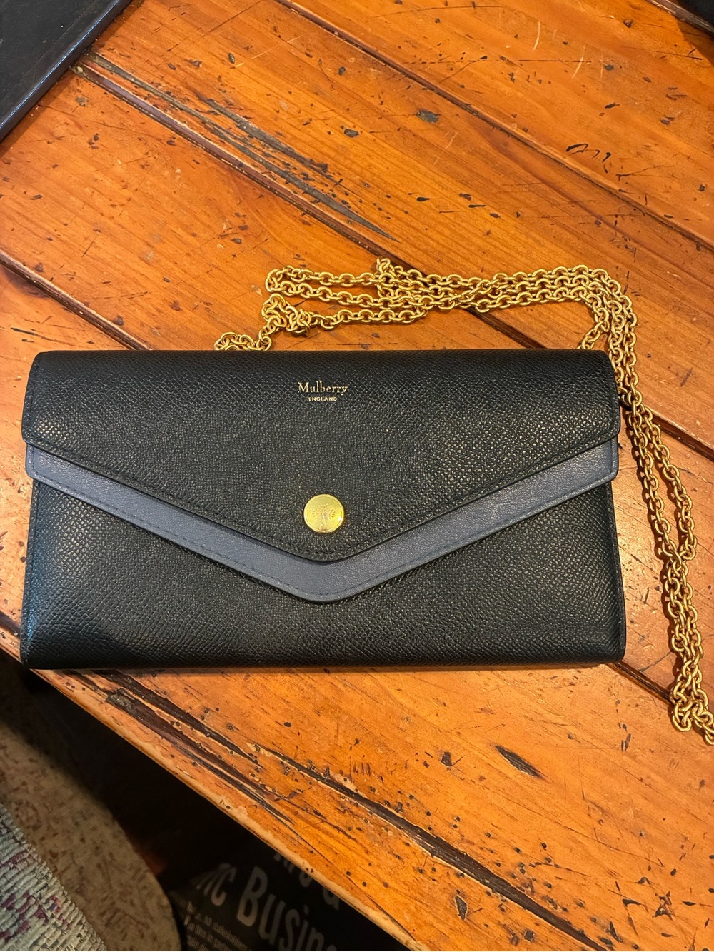 Mulberry Black Leather Envelope Clutch with Gold Chain Strap